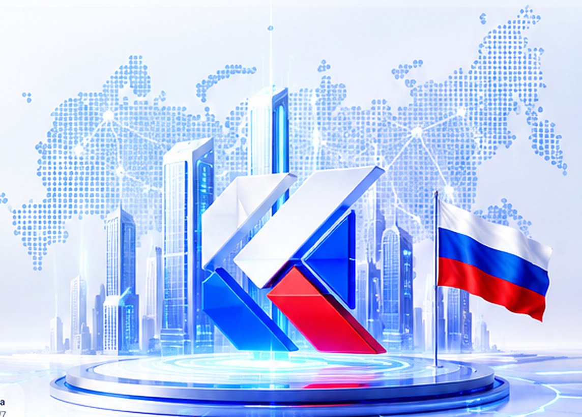Логотип Kenig Tech на фоне цифровой карты России, небоскрёбов и флага России
